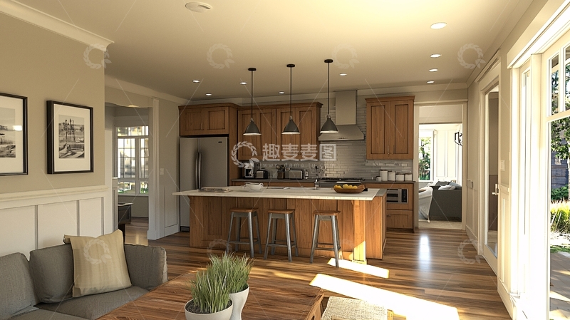 高清大图下载【趣麦麦图】明亮现代开放式厨房客厅