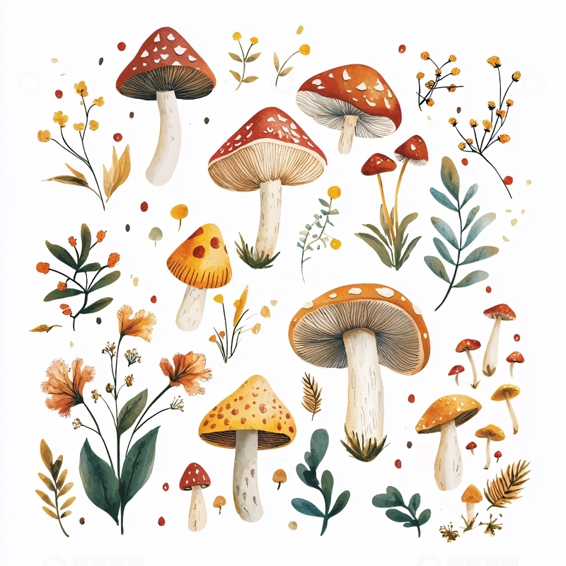 高清大图下载【趣麦麦图】水彩蘑菇植物素材