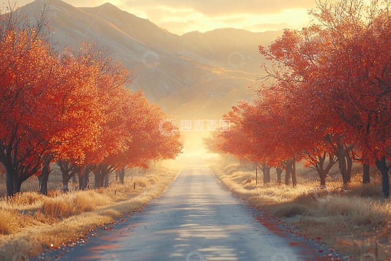 高清大图下载【趣麦麦图】秋日道路两旁红叶树