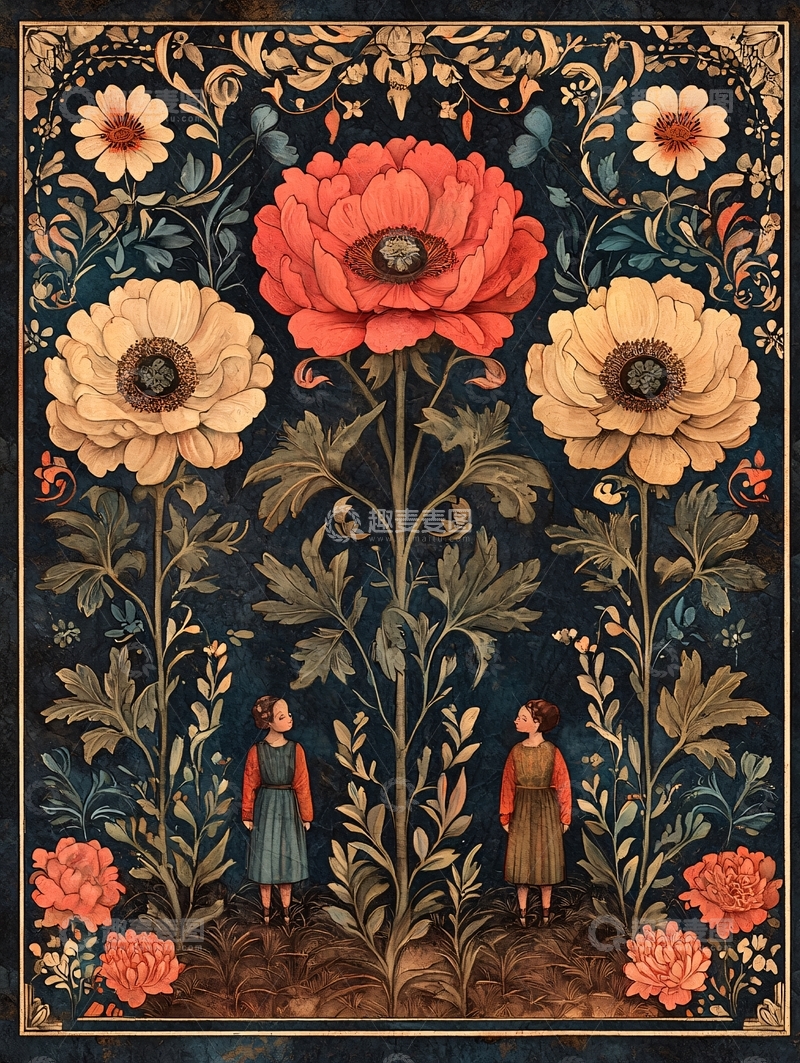 高清大图下载【趣麦麦图】花卉图案与人物的装饰画