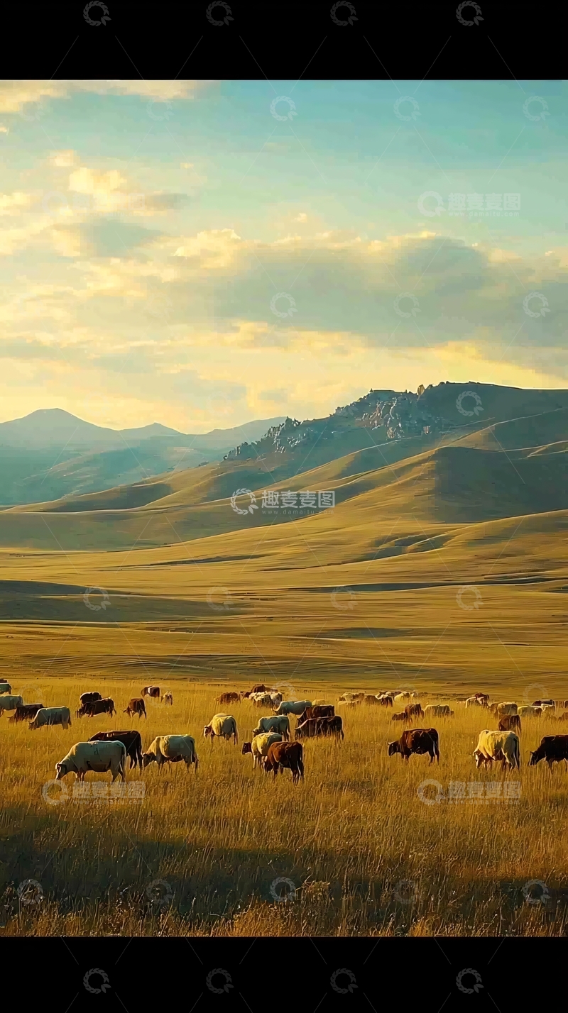 高清大图下载【趣麦麦图】草原日落牛羊群