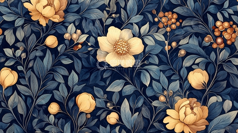 高清大图下载【趣麦麦图】蓝底黄花植物纹样
