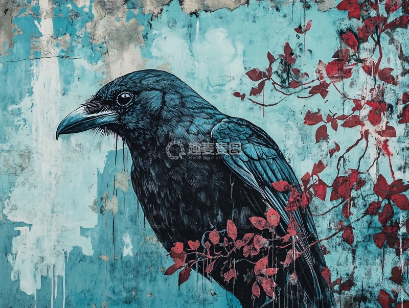 高清大图下载【趣麦麦图】蓝墙背景下的黑色乌鸦