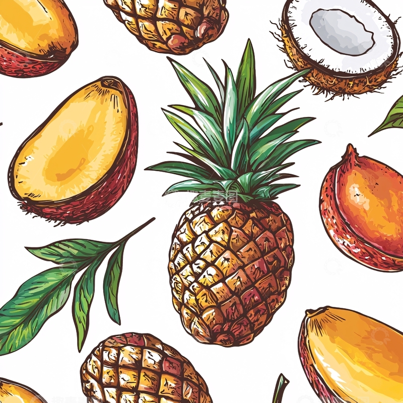 高清大图下载【趣麦麦图】热带水果手绘无缝图案