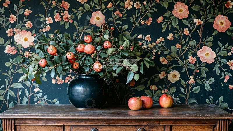 高清大图下载【趣麦麦图】花卉与水果装饰的墙面背景