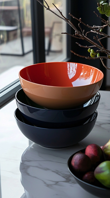 三只彩色陶瓷碗叠在一起