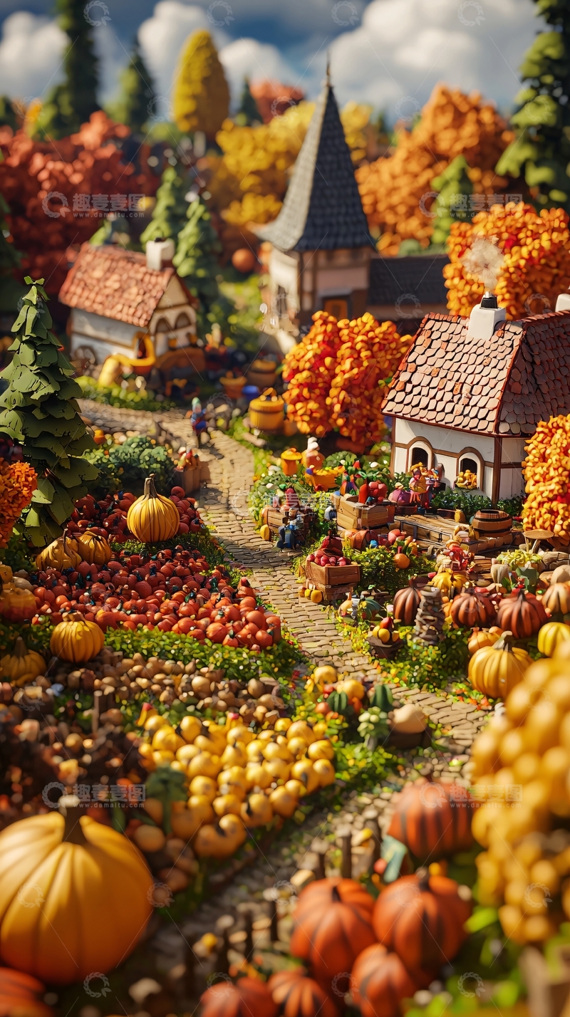 高清大图下载【趣麦麦图】秋季丰收村庄微缩景观