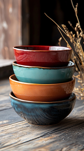 堆叠的彩色陶瓷碗