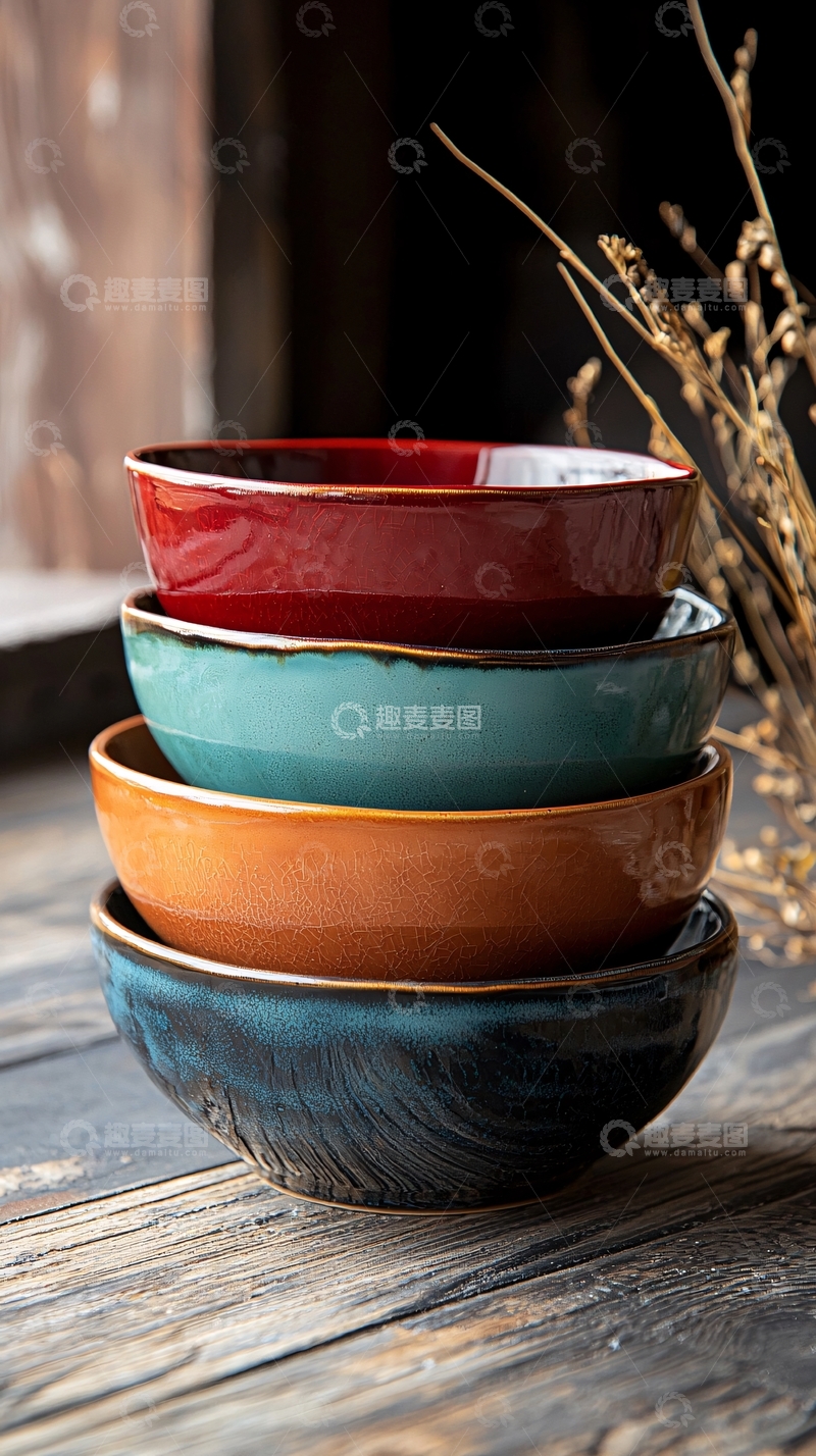 高清大图下载【趣麦麦图】-堆叠的彩色陶瓷碗