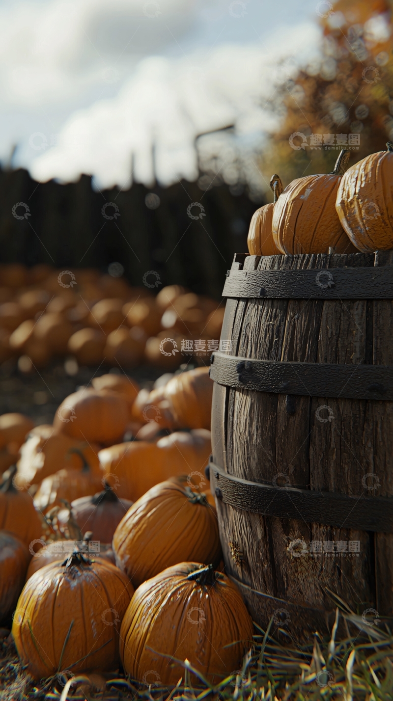 高清大图下载【趣麦麦图】木桶旁堆满南瓜的秋季田园