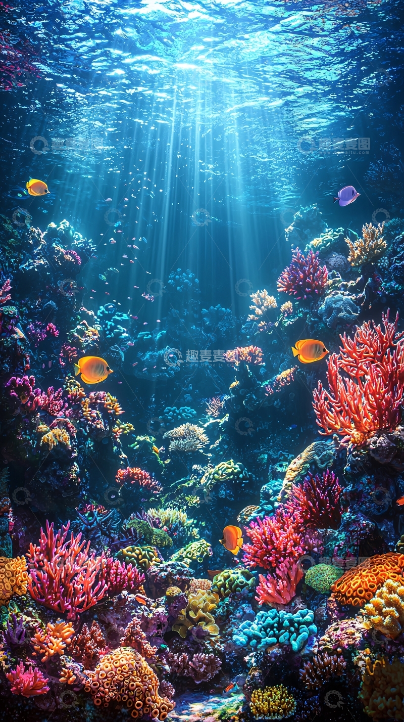 高清大图下载【趣麦麦图】阳光穿透清澈海水的珊瑚礁