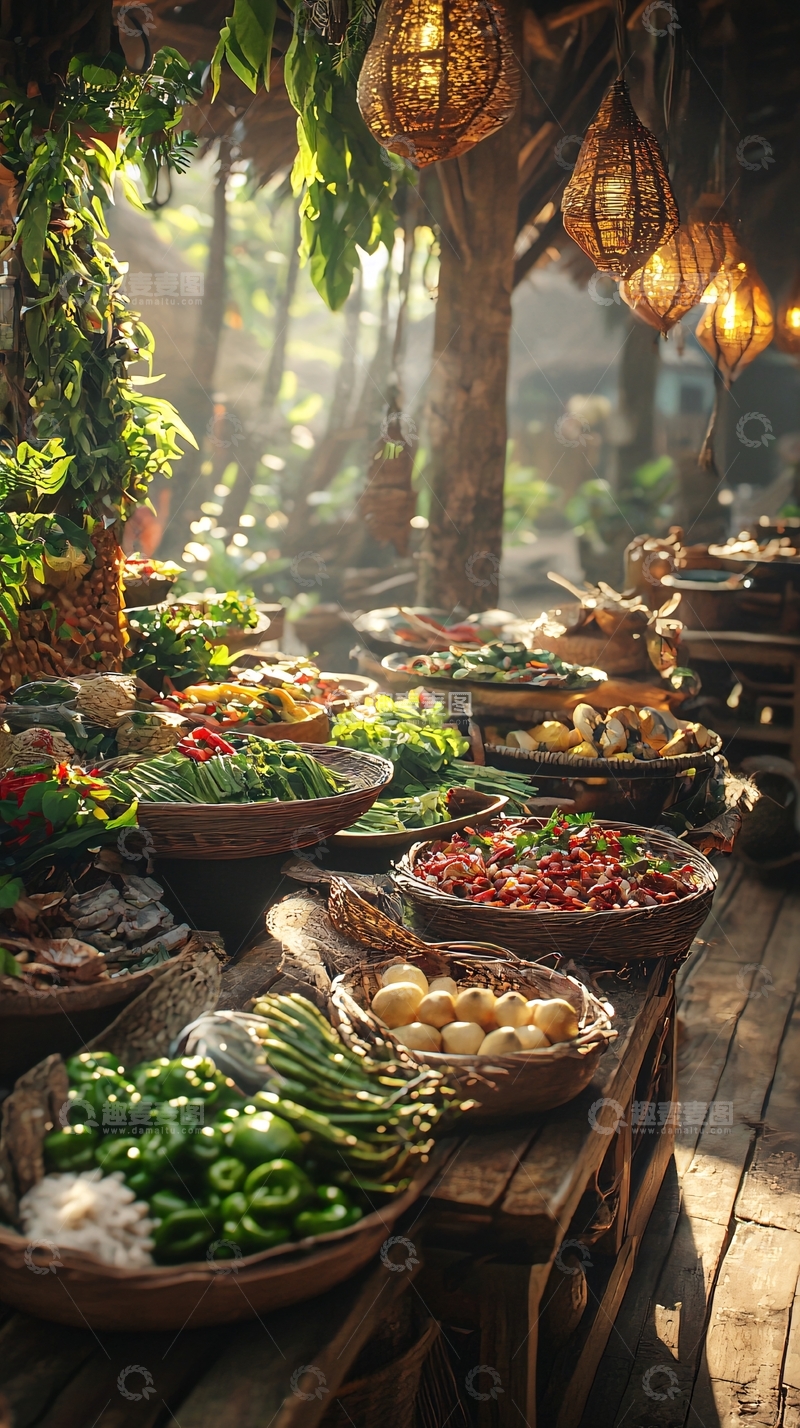 高清大图下载【趣麦麦图】阳光洒进的热带菜市场