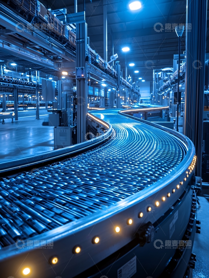 高清大图下载【趣麦麦图】蓝色灯光下的现代化流水线