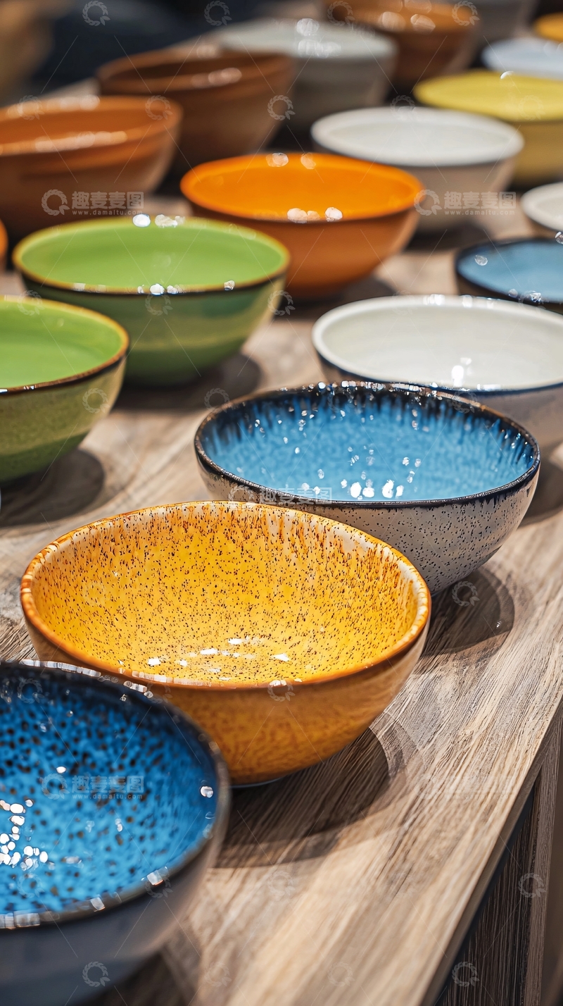 高清大图下载【趣麦麦图】-彩色陶瓷碗摆放