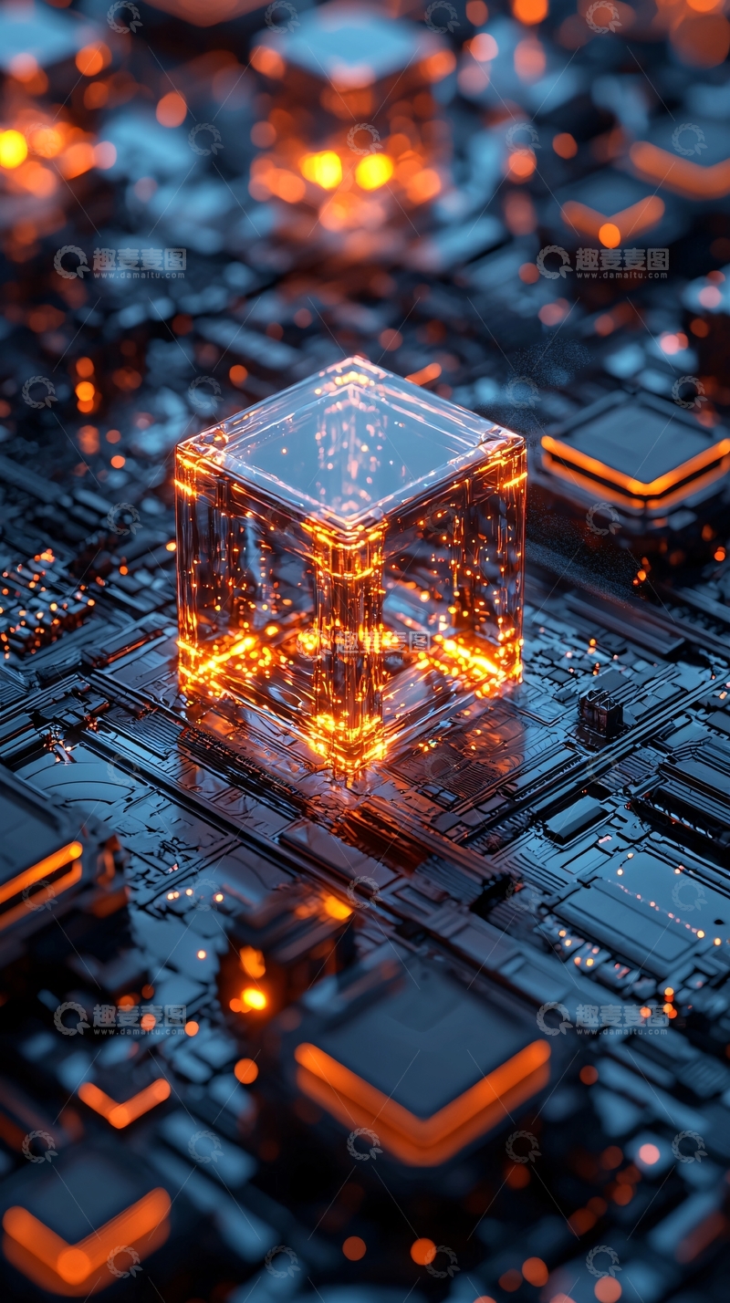 高清大图下载【趣麦麦图】科技感芯片上的发光立方体