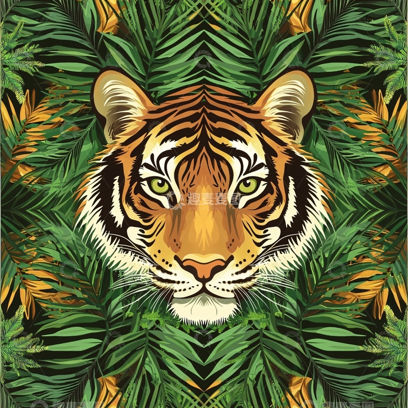 高清大图下载【趣麦麦图】老虎在热带绿叶丛中