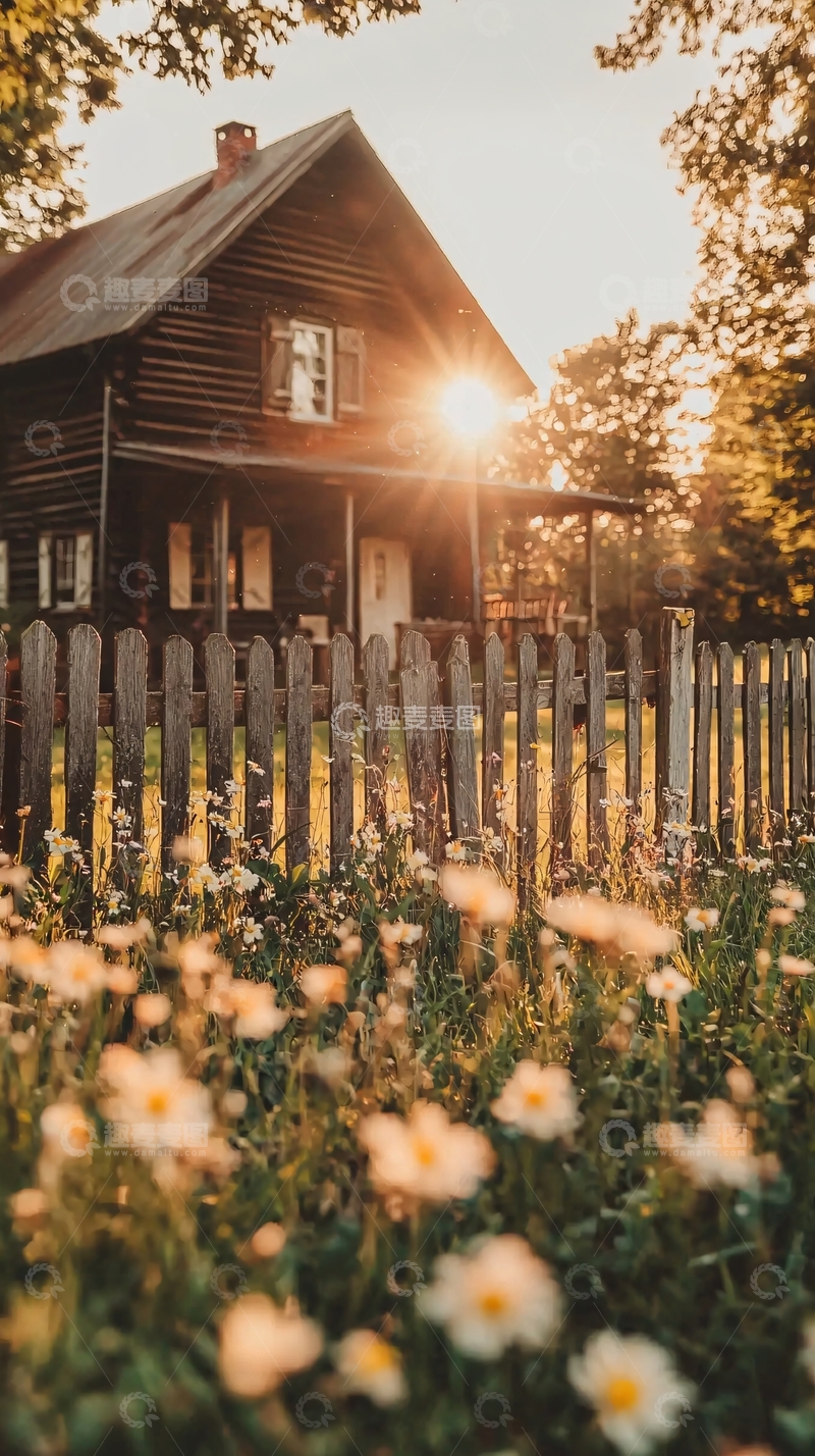 高清大图下载【趣麦麦图】夕阳下的木屋