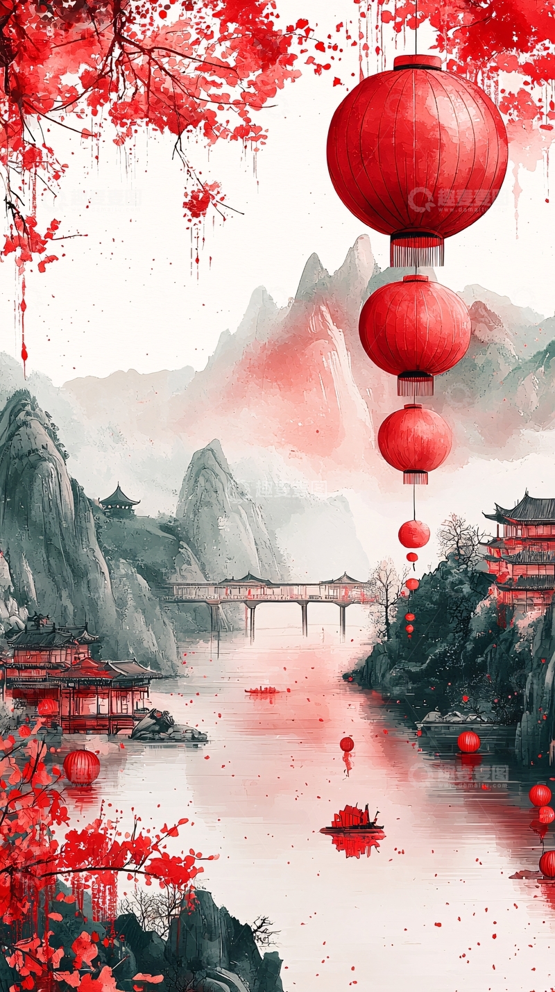 高清大图下载【趣麦麦图】红色灯笼下的山水国画