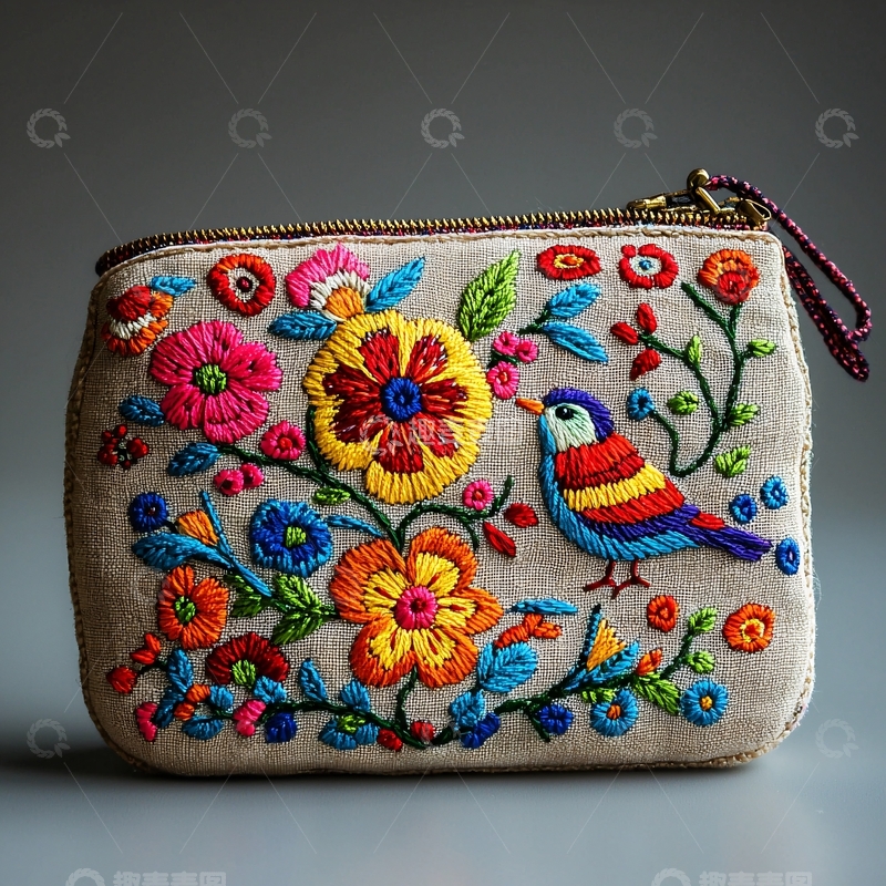 高清大图下载【趣麦麦图】刺绣花鸟小零钱包