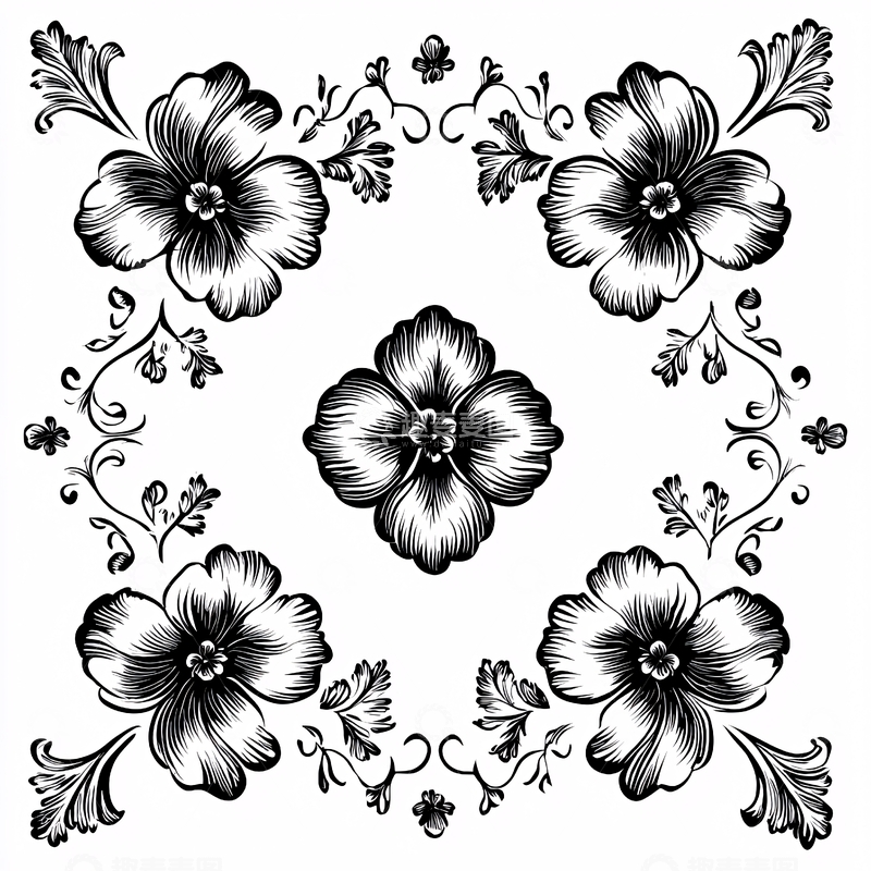 高清大图下载【趣麦麦图】黑白花卉对称图案
