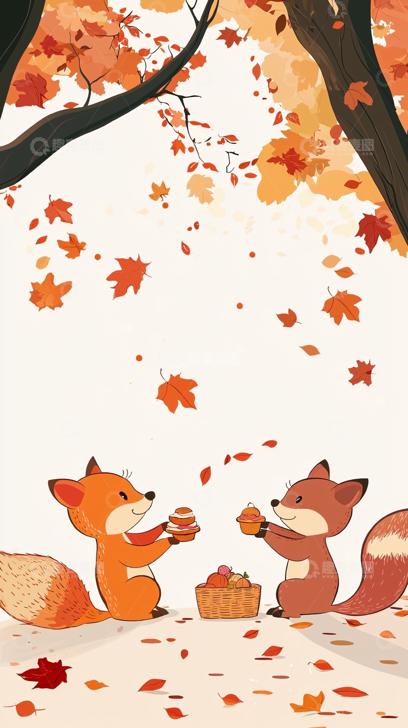 高清大图下载【趣麦麦图】秋日森林里两只狐狸分享食物