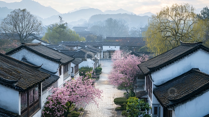 高清大图下载【趣麦麦图】清晨雾气中的徽派古村