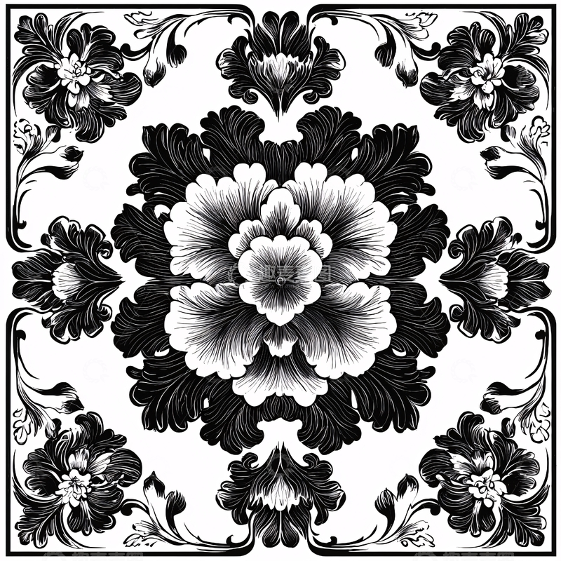高清大图下载【趣麦麦图】黑白花卉图案居中对称