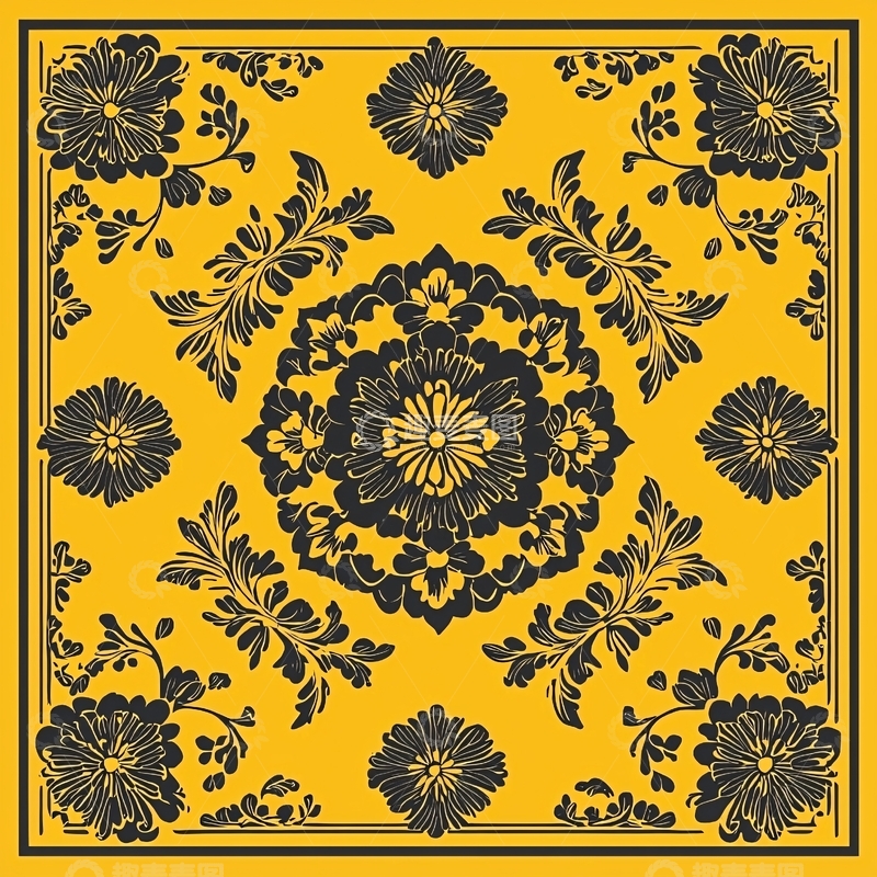 高清大图下载【趣麦麦图】黄黑花卉复古图案