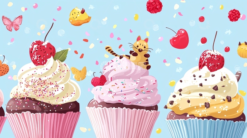 高清大图下载【趣麦麦图】可爱卡通猫咪纸杯蛋糕