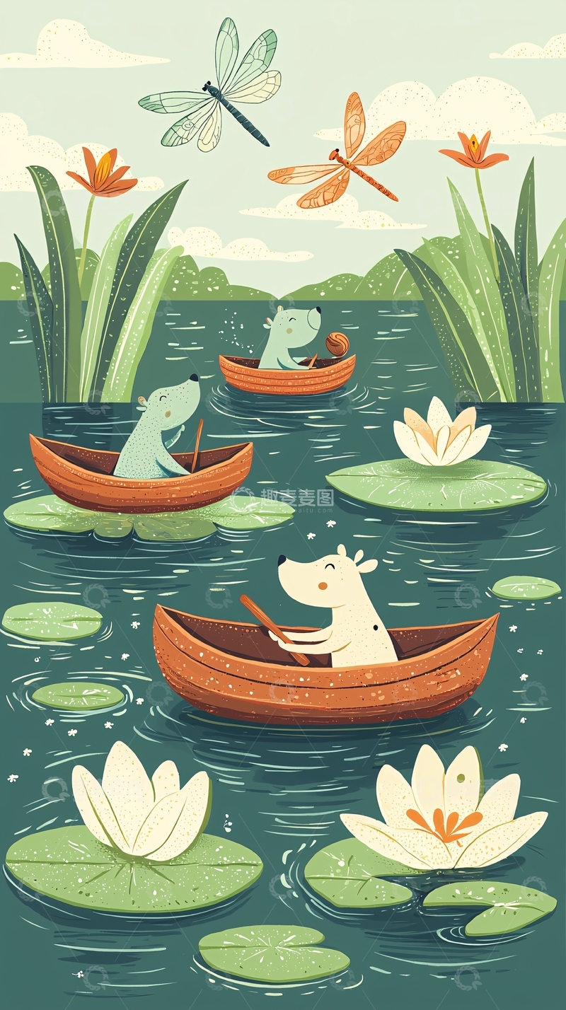 高清大图下载【趣麦麦图】小狗划船夏日湖景
