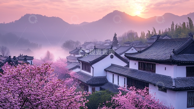 高清大图下载【趣麦麦图】水雾缭绕的古镇和樱花