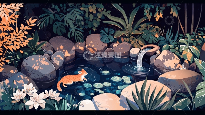 高清大图下载【趣麦麦图】猫咪戏水花园夜景