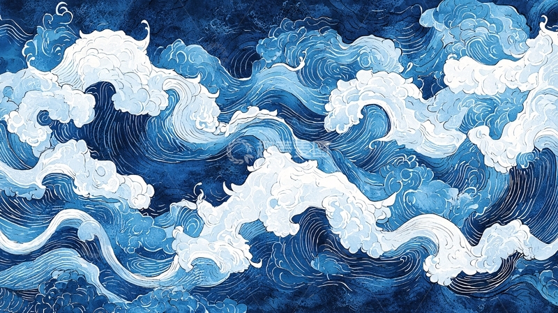 高清大图下载【趣麦麦图】水墨蓝白巨浪