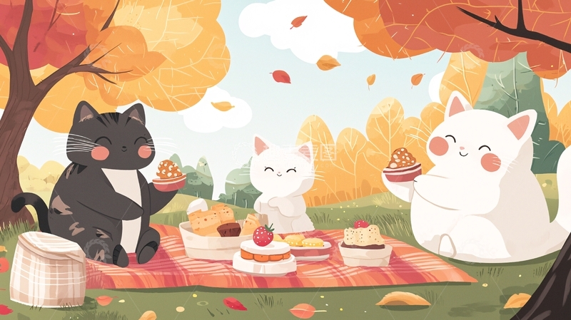 高清大图下载【趣麦麦图】秋日猫咪野餐图