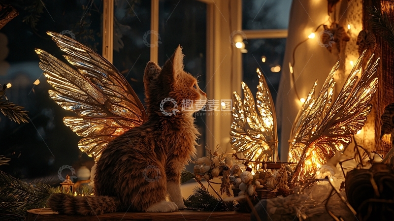 高清大图下载【趣麦麦图】小猫戴着金色翅膀