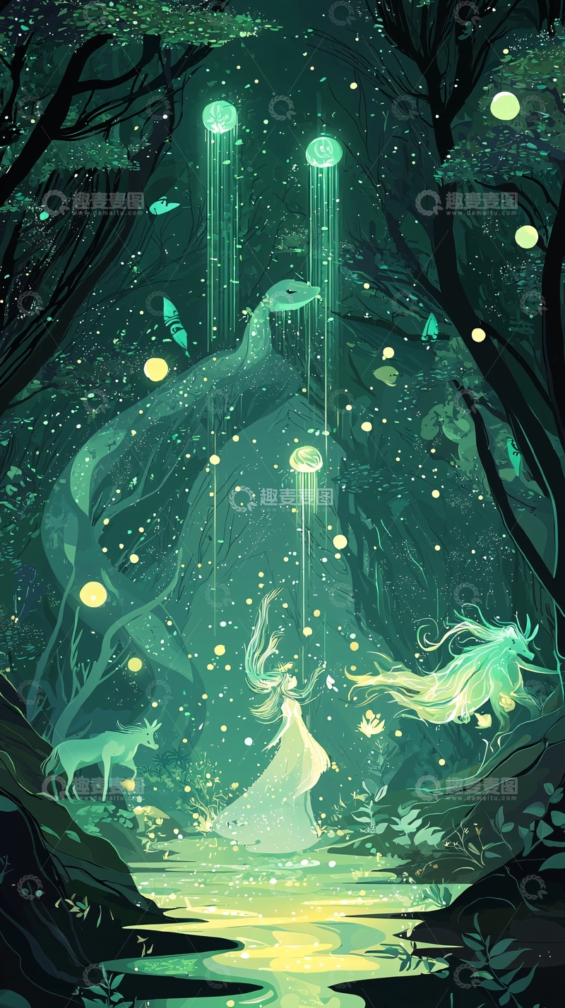 高清大图下载【趣麦麦图】绿光森林精灵女孩