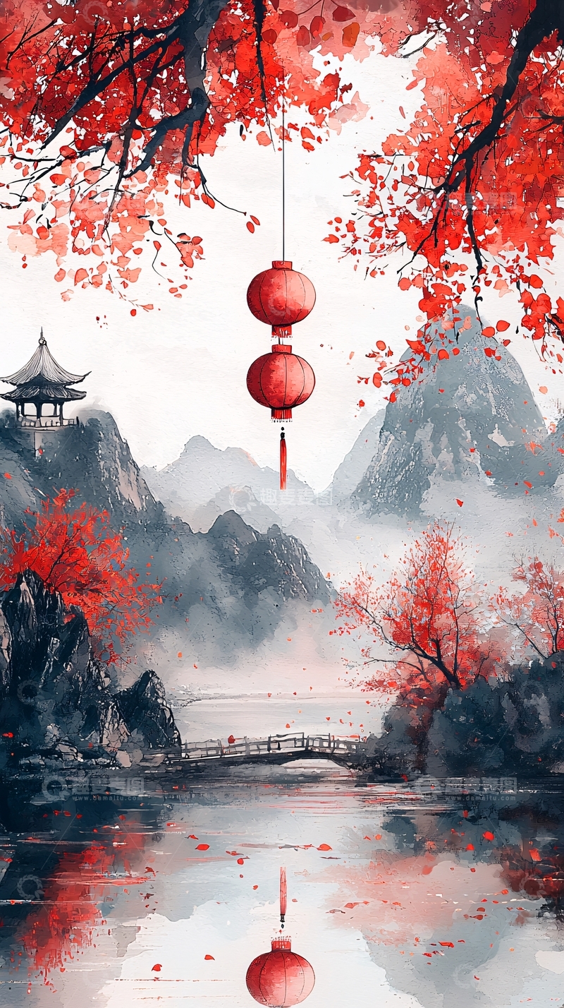 高清大图下载【趣麦麦图】水墨风格山水红灯笼