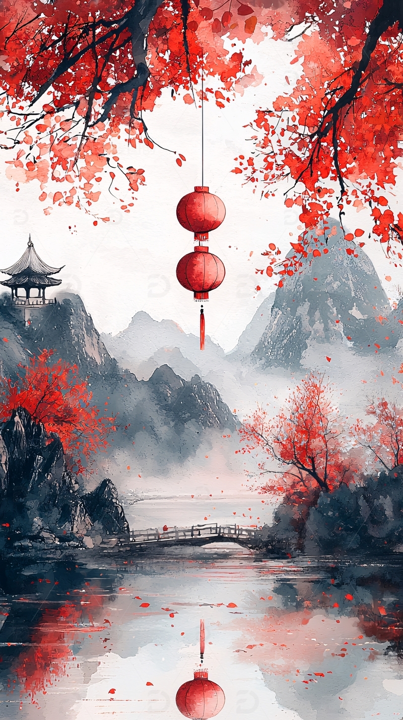 高清大图下载【趣麦麦图】水墨风格山水红灯笼