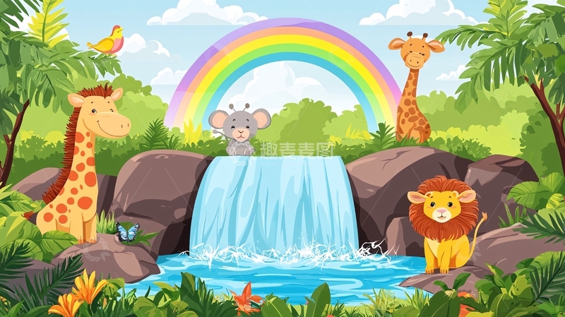 高清大图下载【趣麦麦图】卡通动物瀑布彩虹背景