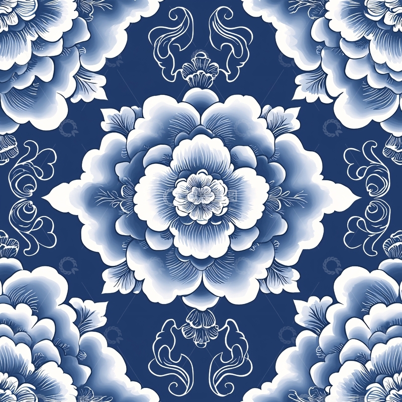 高清大图下载【趣麦麦图】青花瓷风格对称花纹