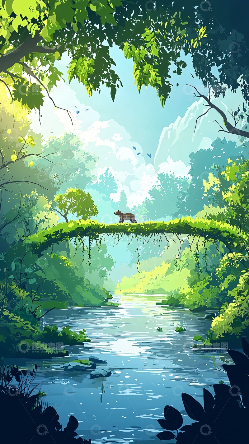 高清大图下载【趣麦麦图】绿色森林小溪熊