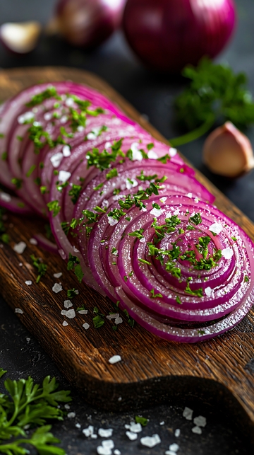 切片红洋葱与香草和盐