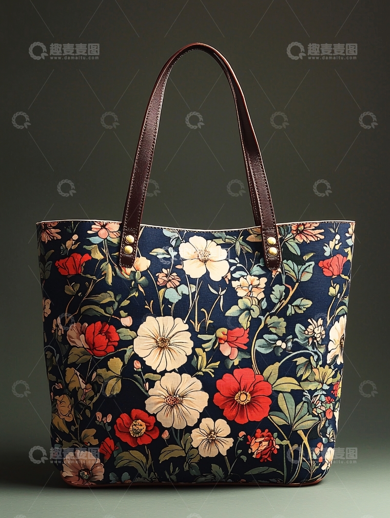 高清大图下载【趣麦麦图】深蓝色花卉图案手提包
