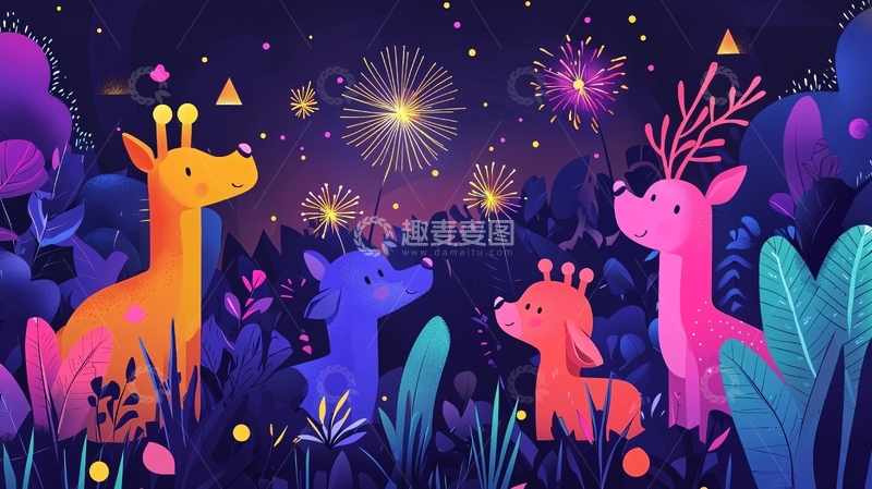 高清大图下载【趣麦麦图】卡通动物看烟花