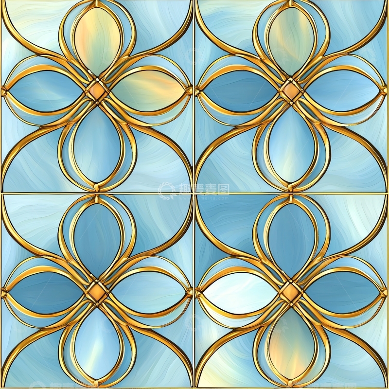 高清大图下载【趣麦麦图】蓝色金色花朵瓷砖图案