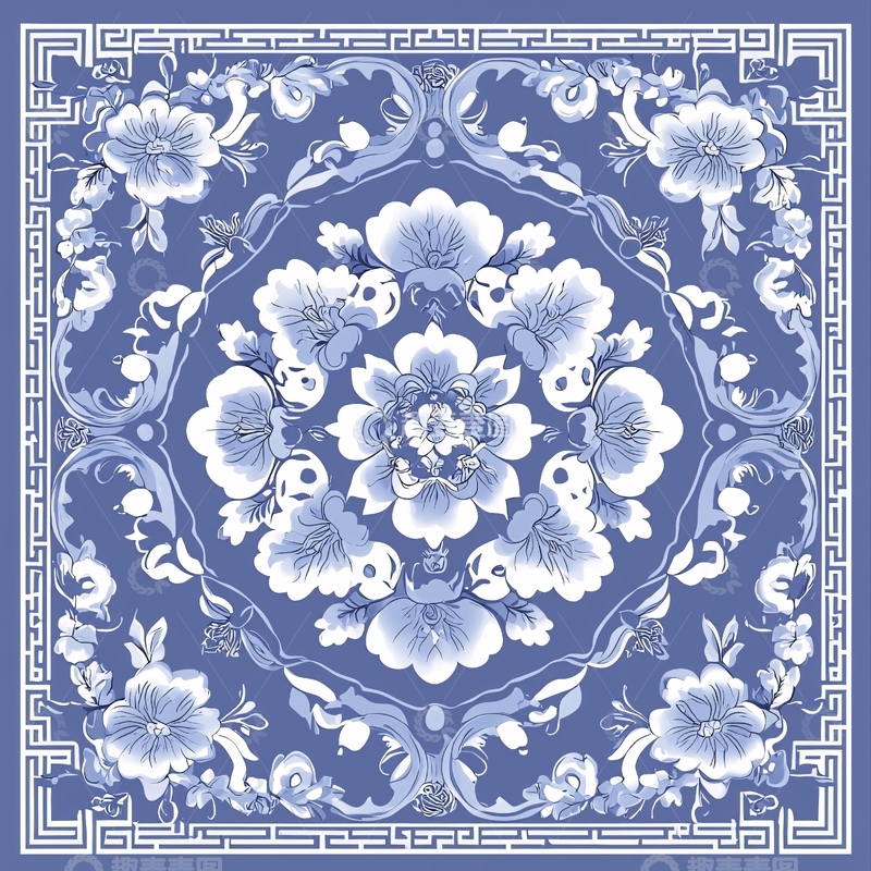 高清大图下载【趣麦麦图】青花瓷风格花卉图案