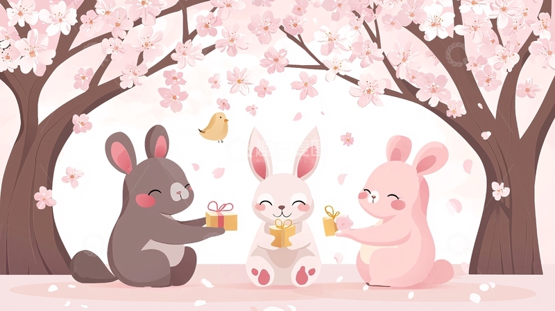 高清大图下载【趣麦麦图】樱花树下送礼兔子