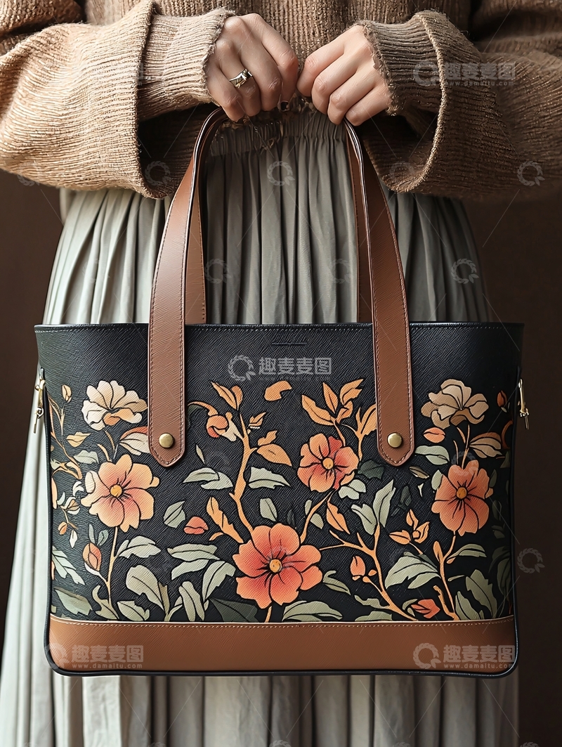 高清大图下载【趣麦麦图】花卉图案手提包