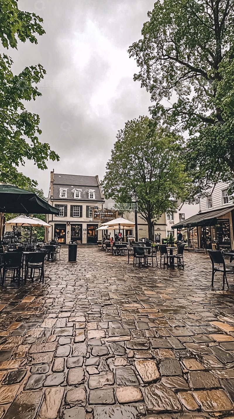 高清大图下载【趣麦麦图】阴雨天鹅卵石广场街景