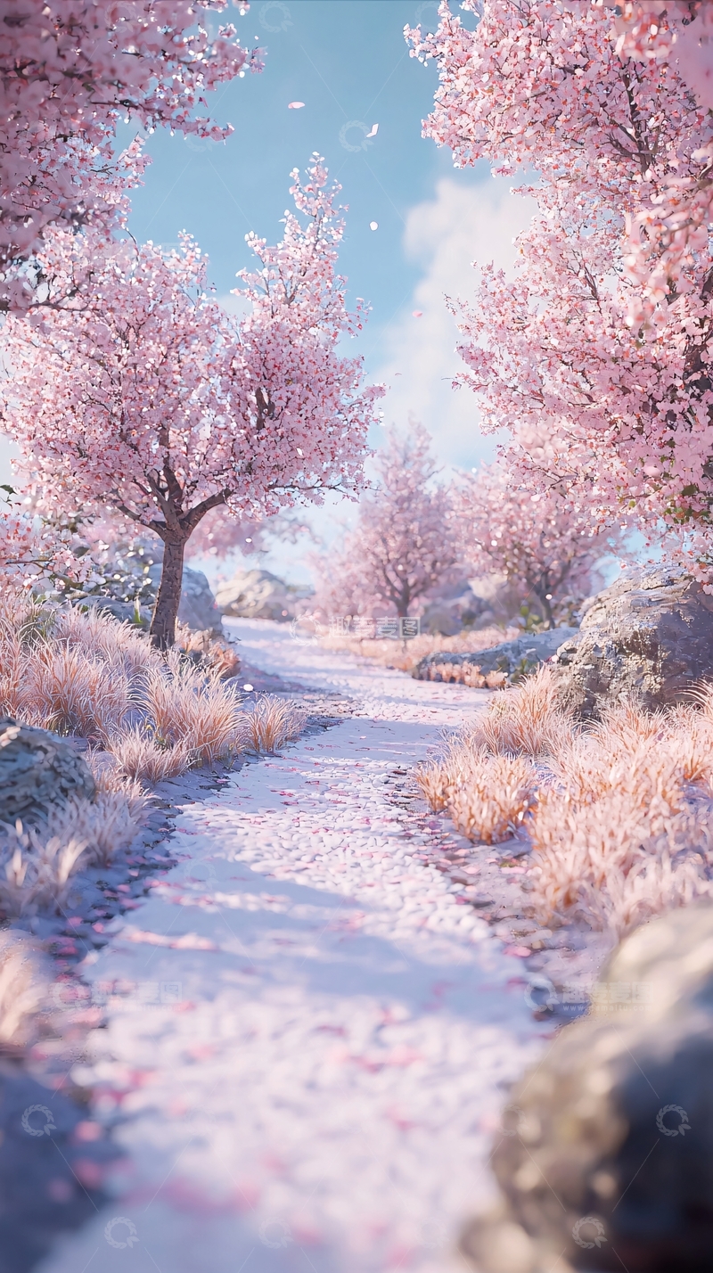 高清大图下载【趣麦麦图】粉色樱花树林小路